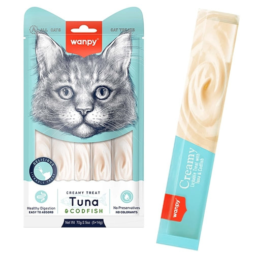 Лакомство Wanpy Creamy Lickable Treats Tuna&Codfish с тунцом, треской, витаминами и таурином, для кошек, 5×14 г