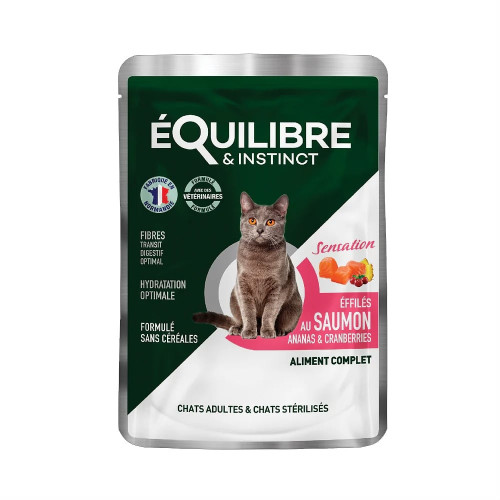 Вологий корм Equilibre&Instinct для дорослих і стерилізованих котів, з лососем, ананасом і журавлиною, шматочки в соусі, 85 г