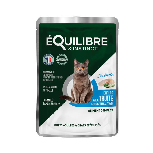 Вологий корм Equilibre&Instinct для дорослих і стерилізованих котів, з фореллю, кабачком і чебрецем, шматочки в соусі, 85 г