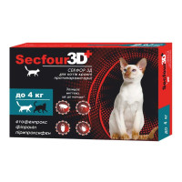 Капли от блох и клещей Secfour 3D для кошек весом до 4 кг, 0.5 мл, 2 пипетки Капли от блох и клещей Secfour 3D для кошек весом до 4 кг, 0.5 мл, 2 пипетки