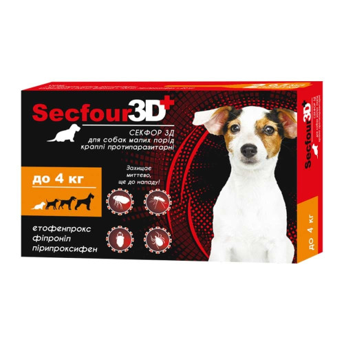Капли от блох и клещей Secfour 3D для собак весом до 4 кг, 0.5 мл, 2 пипетки