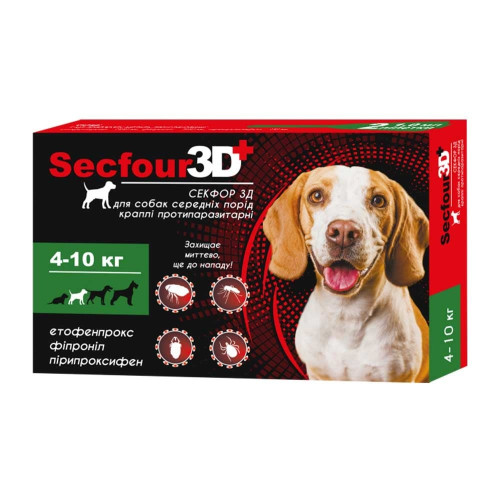 Капли от блох и клещей Secfour 3D для собак весом 4-10 кг, 1 мл, 2 пипетки