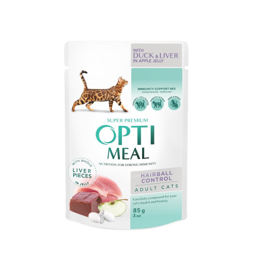 Вологий корм Optimeal для котів, для виведення шерсті, з качкою, 85 г