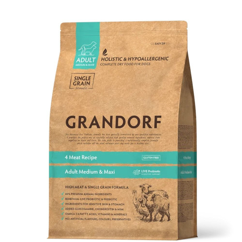 Сухий корм Grandorf Medium & Maxi 4 Meat, для дорослих собак середніх та великих порід, 4 види м'яса, 3 кг