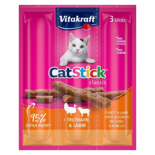 Ласощі Vitakraft, для котів, м'ясні палички з індичкою та ягням 3 шт × 6 г