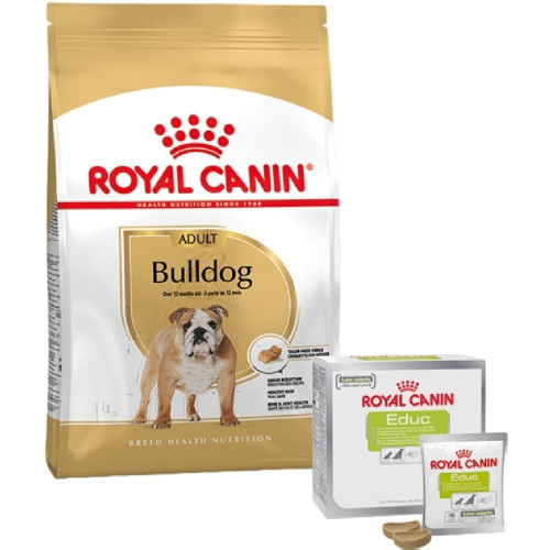 Набор сухого корма Royal Canin Adult Bulldog 12 кг + лакомство Educ 30 шт в подарок