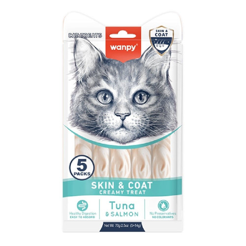 Функциональное жидкое лакомство Wanpy Creamy Lickable Treats Skin&Coat для улучшения кожи и шерсти кошек, 5×14 г