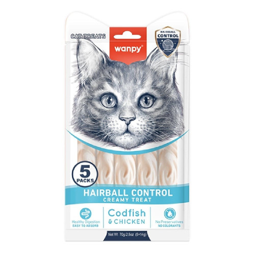Функциональное жидкое лакомство Wanpy Creamy Lickable Treats Hairball Control для вывода шерсти у кошек, 5×14 г