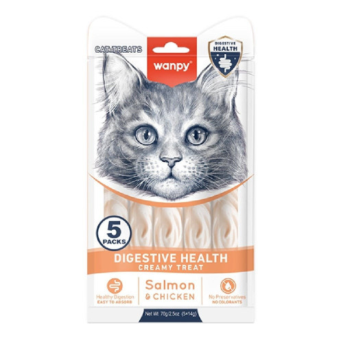 Функциональное жидкое лакомство Wanpy Creamy Lickable Treats Digestive Health для поддержки пищеварения у кошек, 5×14 г