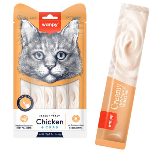 Жидкое лакомство Wanpy Creamy Lickable Treats Chicken & Crab, для кошек, курица с крабом, 70 г Жидкое лакомство Wanpy Creamy Lickable Treats Chicken & Crab, для кошек, курица с крабом, 70 г