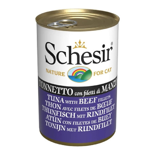 Вологий корм Schesir Tuna with Beef Fillets, консерви для котів, тунець з філе яловичини в желе, 140 г