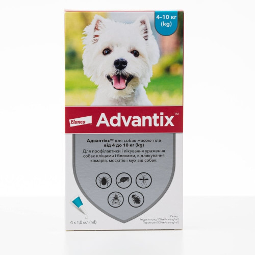 Капли от блох и клещей Elanco Advantix для собак весом 4-10 кг, упаковка 4 пипетки Капли от блох и клещей Elanco Advantix для собак весом 4-10 кг, упаковка 4 пипетки