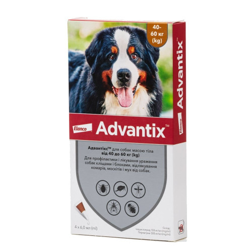 Капли от блох и клещей Elanco Advantix для собак весом 40-60 кг, упаковка 4 пипетки Капли от блох и клещей Elanco Advantix для собак весом 40-60 кг, упаковка 4 пипетки