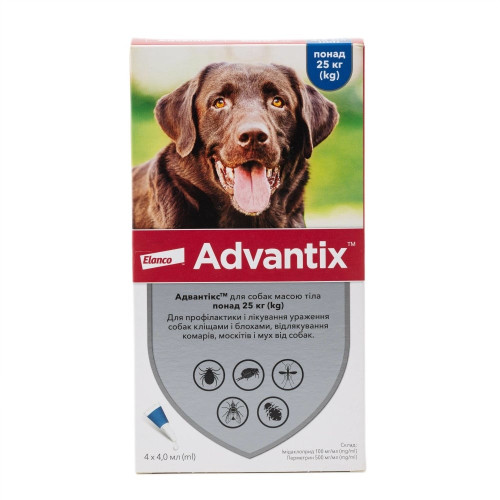 Капли от блох и клещей Elanco Advantix для собак весом свыше 25 кг, упаковка 4 пипетки Капли от блох и клещей Elanco Advantix для собак весом свыше 25 кг, упаковка 4 пипетки