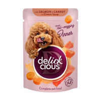 Влажный корм Delickcious для собак, полоски с лососем и морковью в крем-супе, 85 г Влажный корм Delickcious для собак, полоски с лососем и морковью в крем-супе, 85 г