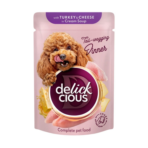 Влажный корм Delickcious для собак, полоски с индейкой и сыром в крем-супе, 85 г