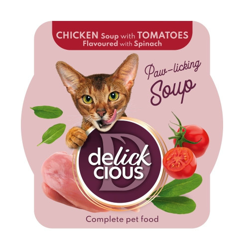 Вологий корм Delickcious для котів, суп з курки з томатами та додаванням шпинату, 80 г