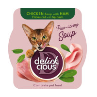 Вологий корм Delickcious для котів, суп з курки з шинкою та додаванням шпинату, 80 г Вологий корм Delickcious для котів, суп з курки з шинкою та додаванням шпинату, 80 г