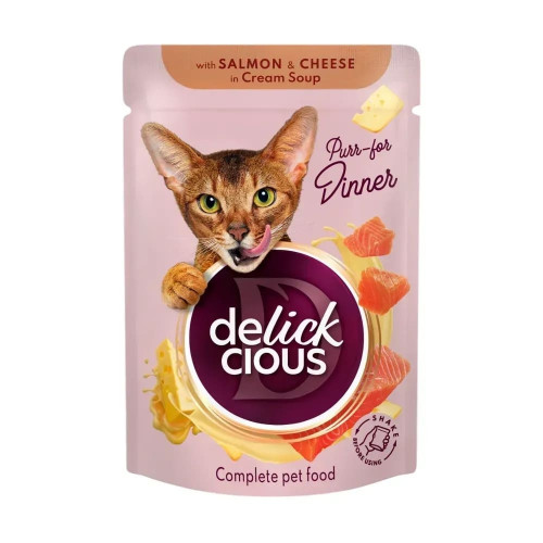 Вологий корм Delickcious Salmon with Cheese in Cream Soup лосось та сир в крем-супі, для котів, пауч, 85 г