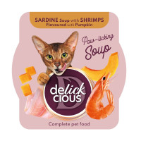 Влажный корм Delickcious Sardine Soup with Shrimps Flavoured with Pumpkin суп из сардины с креветками и добавлением тыквы, для кошек, пауч, 80 г Влажный корм Delickcious Sardine Soup with Shrimps Flavoured with Pumpkin суп из сардины с креветками и добавлением тыквы, для кошек, пауч, 80 г