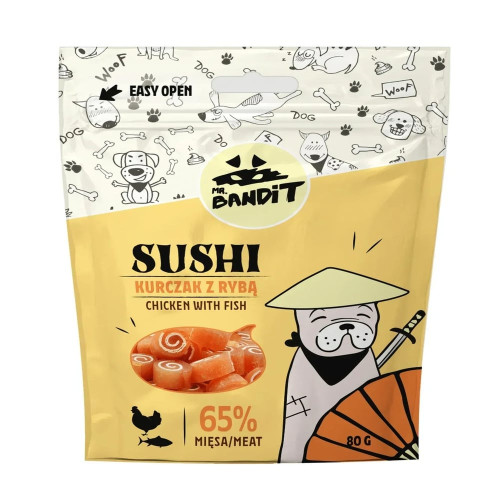 Ласощі Mr. Bandit Sushi для собак, з куркою і рибою, м'ясні рулетики, 80 г