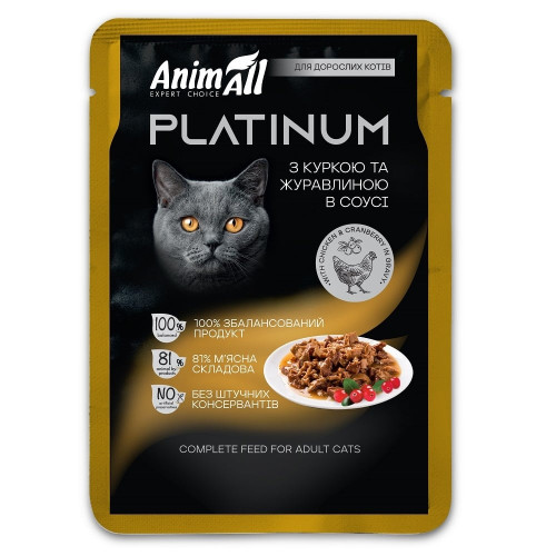 Влажный корм AnimAll Platinum для взрослых котов, курица и клюква в соусе, 85 г