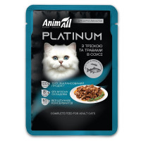 Влажный корм AnimAll Platinum для взрослых котов, треска и травы в соусе, 85 г