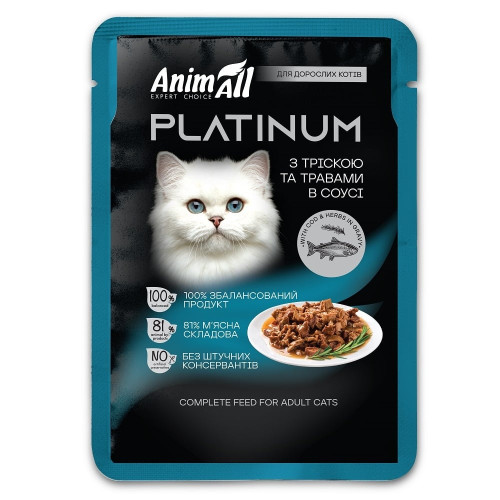 Влажный корм AnimAll Platinum для взрослых котов, треска и травы в соусе, 85 г