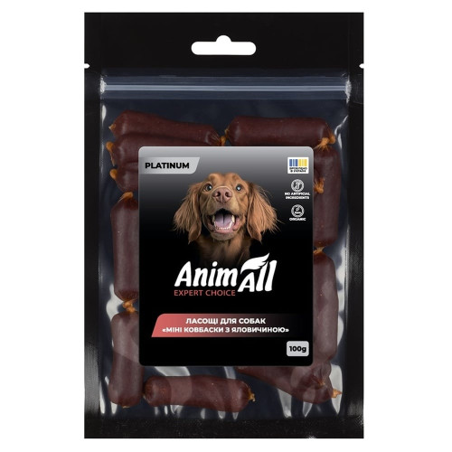 Ласощі AnimAll Platinum Міні ковбаски з яловичиною для собак, 100 г