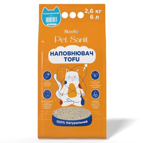 Наполнитель MODES PetSanit Tofu для котов, гипоаллергенный, 2.6 кг, 6 л