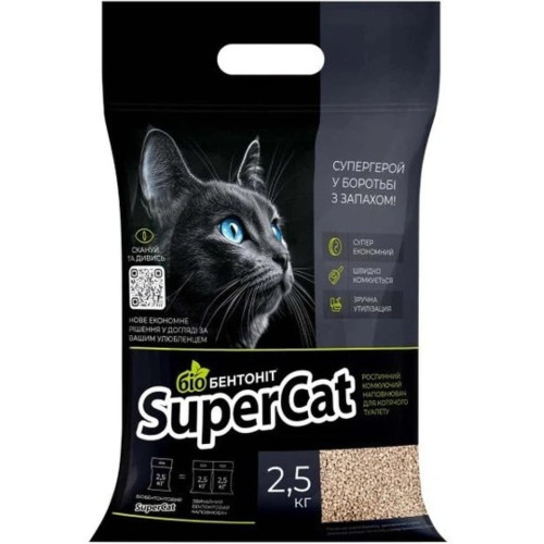Наповнювач SuperCat Біобентоніт для котів, рослинний, комкуючий, 2.5 кг