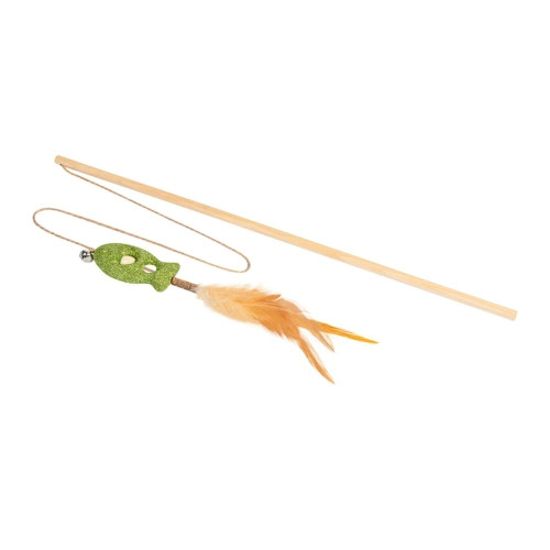 Игрушка WAUCAT Fun Natural для кошек, дразнилка с рыбкой, дерево, прессованная кошачья мята, перо, джутовая верёвка, 60 см