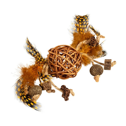 Игрушка WAUCAT Fun Natural для кошек, плетёный мячик с колокольчиком и перьями, дерево, перо, кошачья мята, джутовая верёвка, 20 см