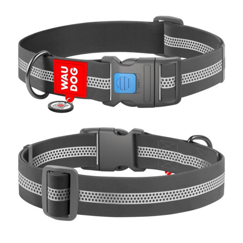 Ошейник WAUDOG Waterproof для собак, водостойкий, с QR адресником, светоотражающий, пластиковый фастекс, серый, XXL, 4 см, 46–70 см