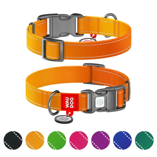 Ошейник WAUDOG Nylon Mono для собак, с QR паспортом, светоотражающий, пластиковый фастекс, оранжевый, M, 2 см, 28–40 см