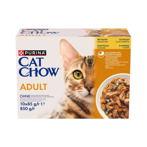 Вологий корм Purina Cat Chow для дорослих котів, з куркою та цукіні, 10 × 85 г