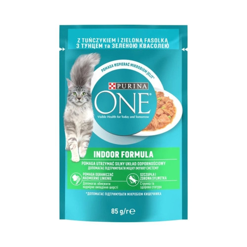 Вологий корм Purina One Indoor для дорослих котів, що живуть у приміщенні, з тунцем та зеленою квасолею у соусі, 85 г