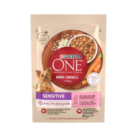 Вологий корм Purina One Mini Sensitive для дорослих собак малих порід, з лососем, 85 г Вологий корм Purina One Mini Sensitive для дорослих собак малих порід, з лососем, 85 г