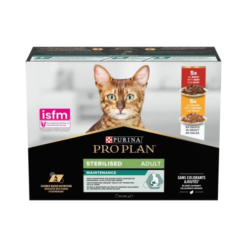 Вологий корм Purina Pro Plan Sterilised для дорослих стерилізованих котів, з яловичиною та куркою, 10 × 85 г