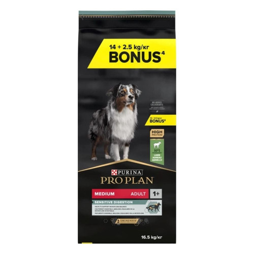 Сухой корм Purina Pro Plan Medium Adult SD для взрослых собак средних пород с чувствительным пищеварением, с ягненком, 14 кг + 2.5 кг