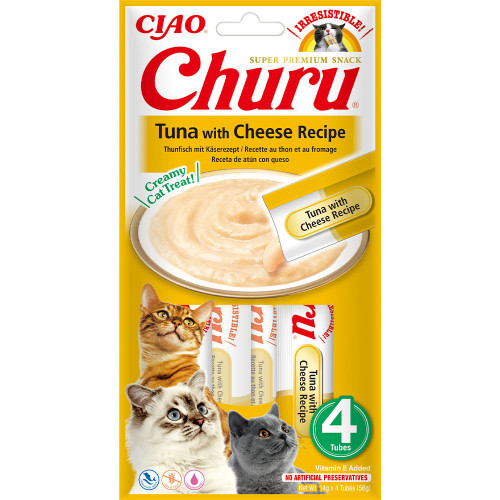 Лакомства Inaba Churu для кошек, сливочный мусс в стиках, тунец с сыром, 14 г×4 шт.