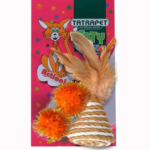 Игрушка Tatrapet Caty funny для кошек, набор 2 мячика+конус с перьями, 3.5-5 см