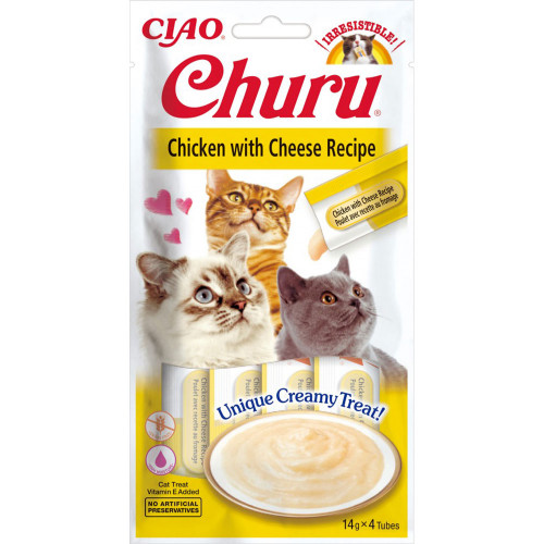 Лакомство Inaba Churu для кошек, сливочный мусс в стиках, курица с сыром, 4×14 г