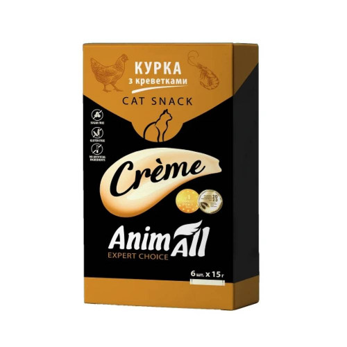 Лакомство AnimAll Сrème для кошек, со вкусом курицы с креветками, 6×15 г