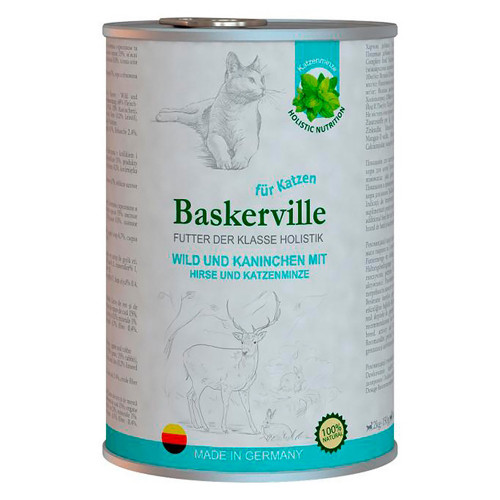 Вологий корм Baskerville для котів, оленина з кроликом і котячої м'ятою, 400 г