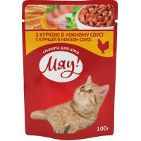 Консерва Мяу курица в нежном соусе для котов, 100 г Консерва Мяу курица в нежном соусе для котов, 100 г