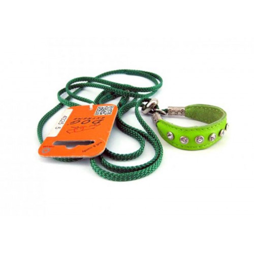 Ринговка зі шкіряною накладкою і стразами Dog Extreme для собак 5 мм, 130 см, салатовий
