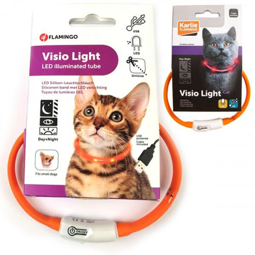 Ошейник Flamingo Visio Light Led светящийся, для котов, оранжевый, 35 см