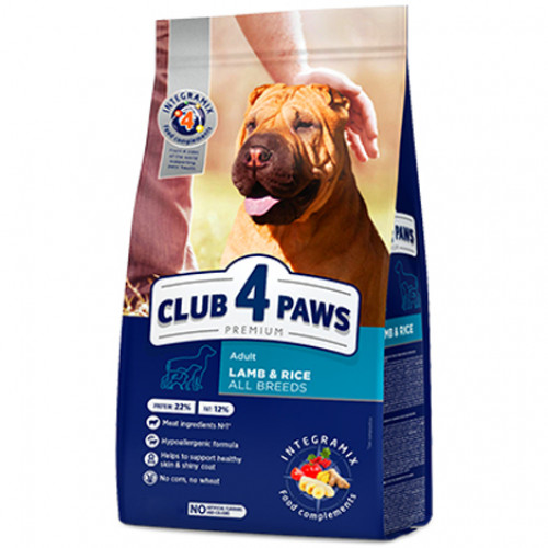 Сухой корм Клуб 4 Лапы Adult All Breeds Premium для взрослых собак всех пород, с ягнёнком и рисом, 14 кг