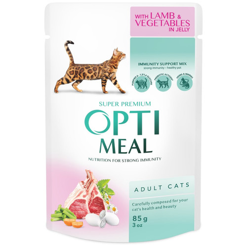 Влажный корм Optimeal для взрослых кошек, с ягненком и овощами в желе, 85 г